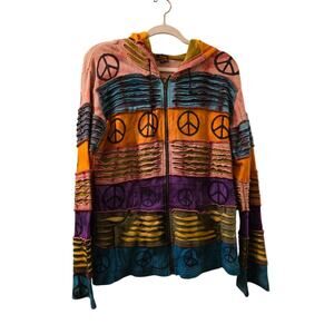 Rising International Peace Sign Print Hoodie Full Zip Sweater Size M Boho Hippie
